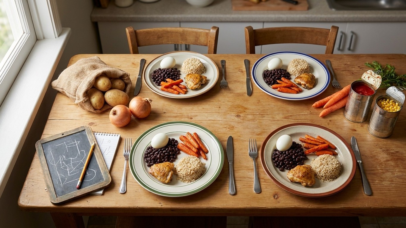 Menu semaine pas cher famille : l'exemple complet à 6€ par jour pour 4 assiettes garnies