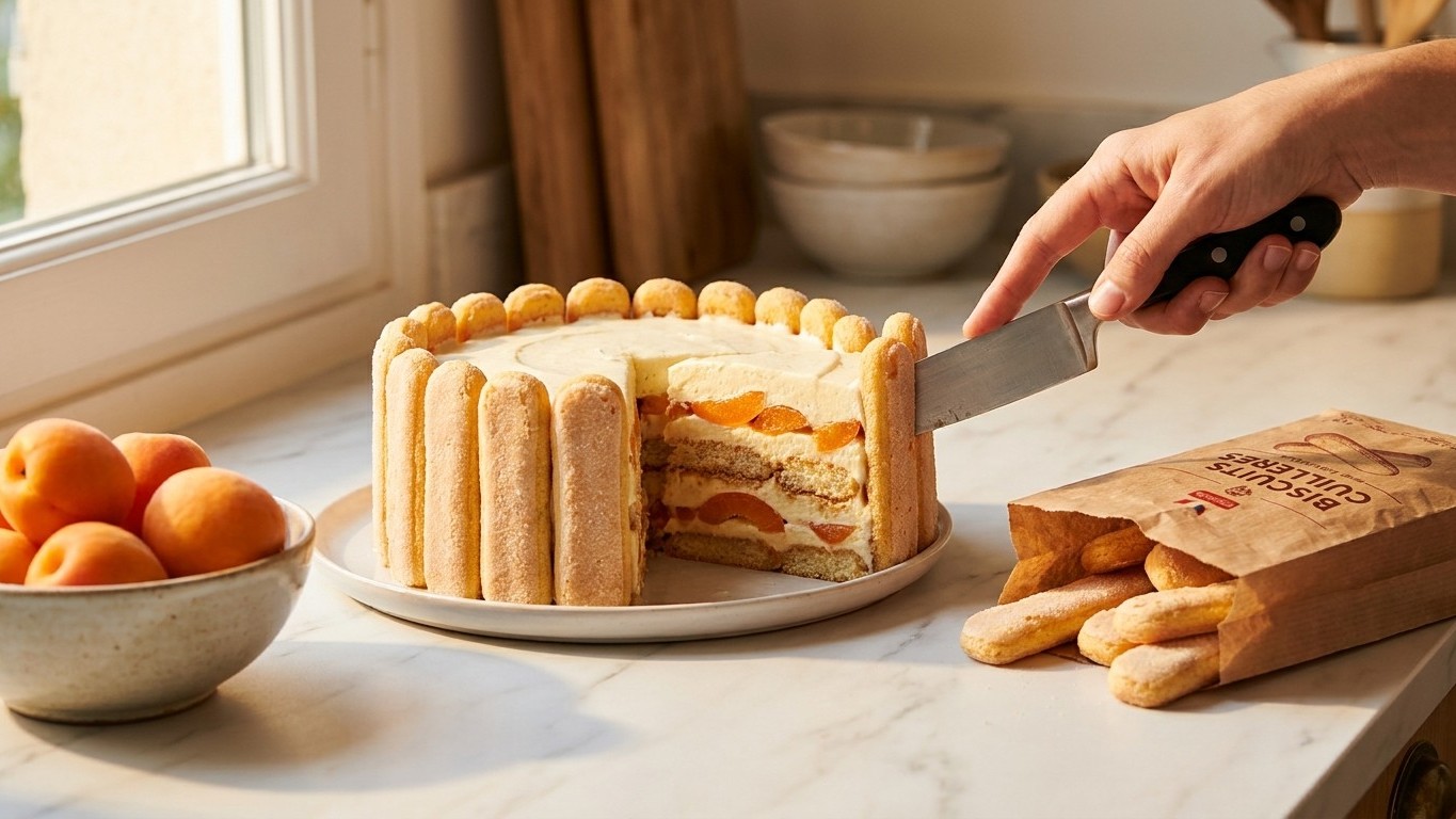 500 g d'abricots à 1,40 €, 20 boudoirs à 0,90 € et 250 g de mascarpone à 1,90 € : au moment de diviser par six, j'ai compr...