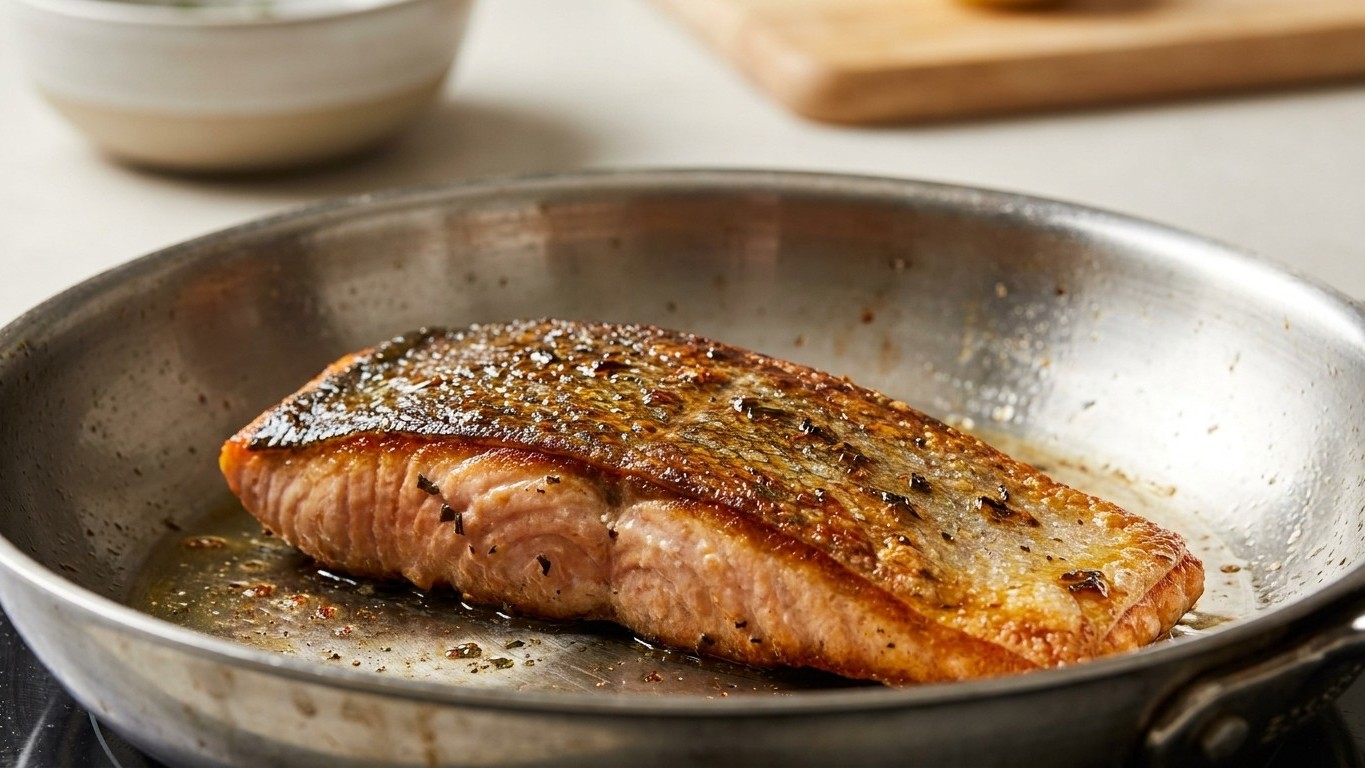 Le saumon à 22 € le kilo dans la vitrine, ces 4 filets à 3,20 € juste à côté : snackés 3 minutes côté peau, personne à tab...